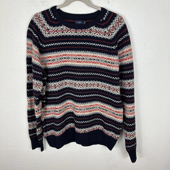 J Crew Sweater Mens Large Pullover Blue Fair Isle Holiday Lambs Wool Casual - Picture 1 of 6